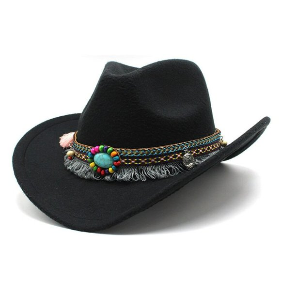 Black Western Cowboy,‎ Cowgirl Hat, Bead Tassle Strap, Men Women Retro Wide Brim
